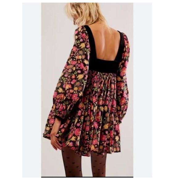 Free People Marsha Black Combo Floral Velvet Boho Mini Dress Size L NWT - Picture 5 of 13